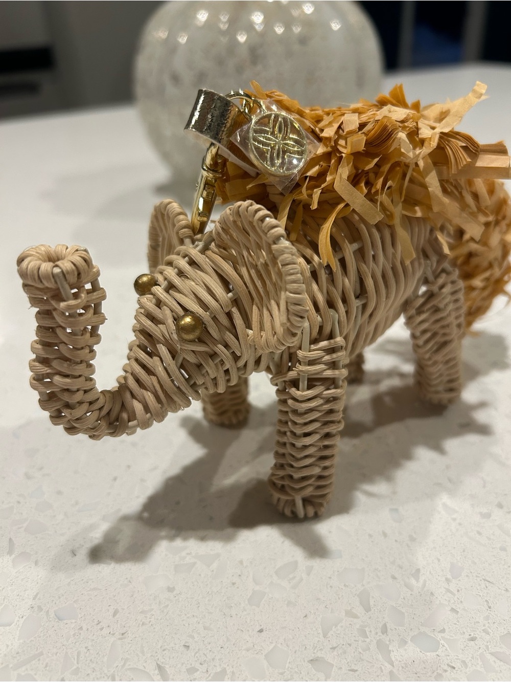 Lilly Pulitzer Woven Rattan Elephant Bag Tag with Tassel - Natural Beige